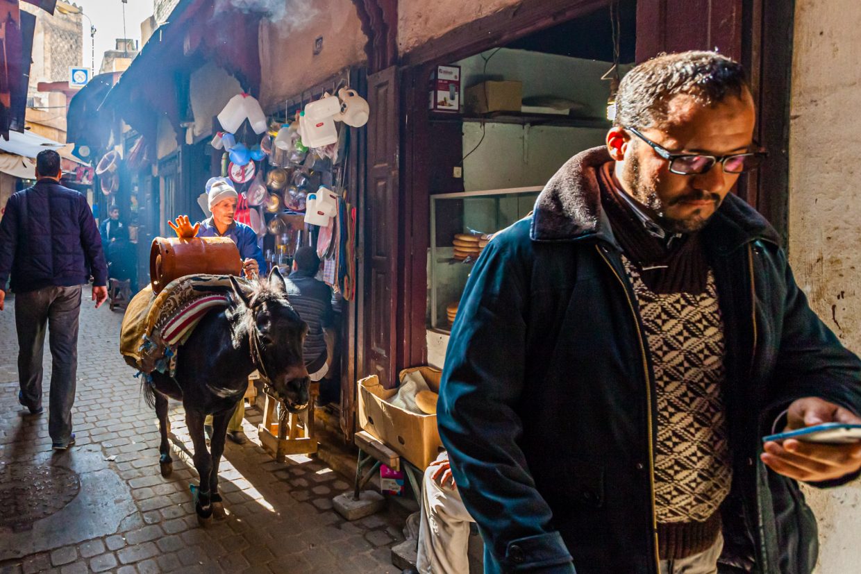City life in Fès, Morocco. Someone rushing with smartphone through the lanes. Someone else going with a donkey