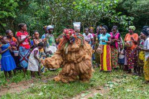 Mende people dance with gbeni mask in Gola Rain Forrest