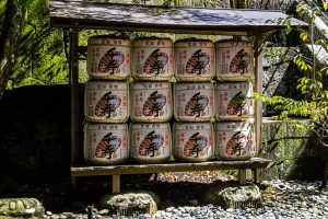 Sake barrels as an offering in Kunozan Toshogu Shrine, Shizuoka, Japan