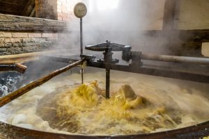 The original wort at boiling point. It can soon be drained into the refrigerated ship. Traditional Zoigl Brewery in Falkenberg, Germany