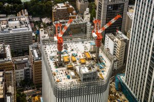 Construction of an earthquake-proof skyscraper in Tokyo Chuo, Japan
